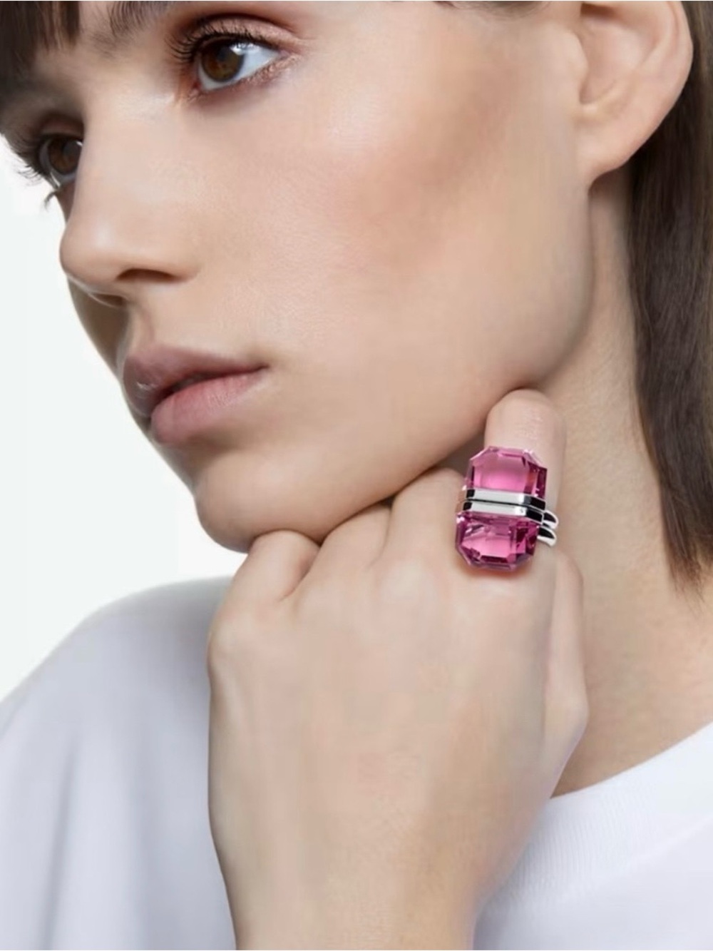 Swarovski Pink Lucent Magnetic Closure Ring with Silver Bands